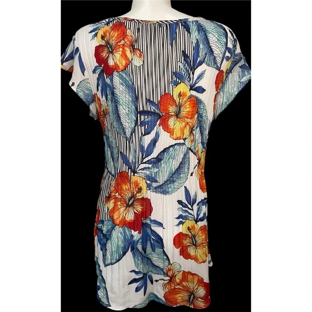 Melissa Paige Crinkle Top Womens Size Large White Blue Orange Floral Tunic - Picture 4 of 5